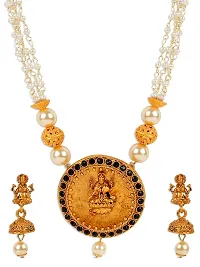 Antique Matte Gold Finish Goddess Laxmi Black Stone Studded Temple Jewellery set-thumb2