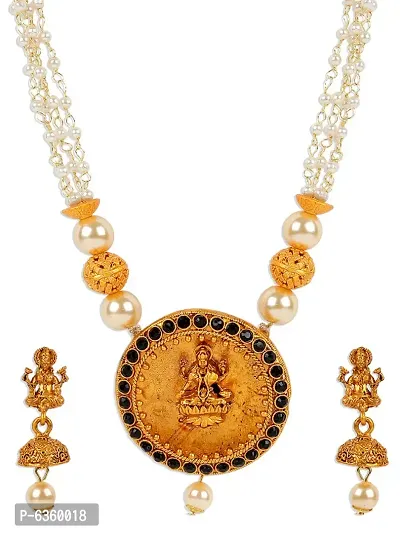 Antique Matte Gold Finish Goddess Laxmi Black Stone Studded Temple Jewellery set-thumb3