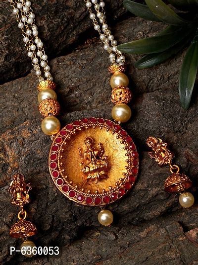 Antique Matte Gold Finish Goddess Laxmi Maroon Stone Studded Temple Jewellery set