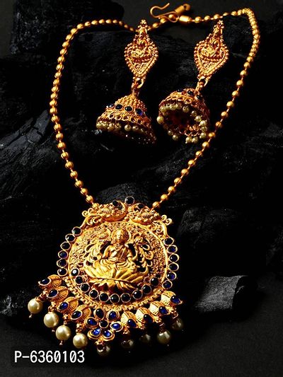 Antique Matte Gold Finish Goddess Laxmi Blue Stone Studded Temple Jewellery set-thumb0