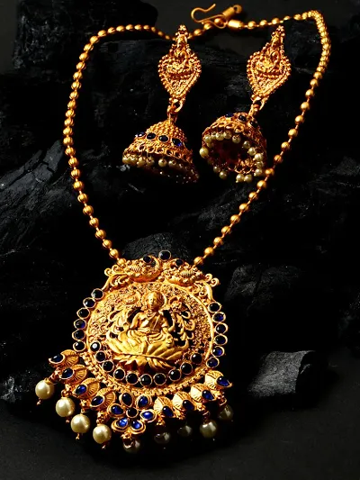 Matte Finish Goddess Laxmi Stone Studded Temple Jewellery set