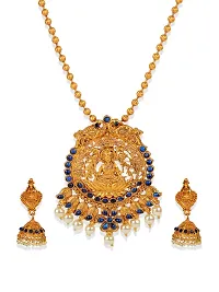 Antique Matte Gold Finish Goddess Laxmi Blue Stone Studded Temple Jewellery set-thumb1