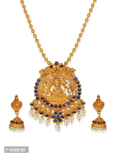 Antique Matte Gold Finish Goddess Laxmi Blue Stone Studded Temple Jewellery set-thumb2