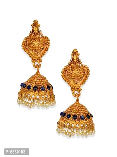 Antique Matte Gold Finish Goddess Laxmi Blue Stone Studded Temple Jewellery set-thumb3