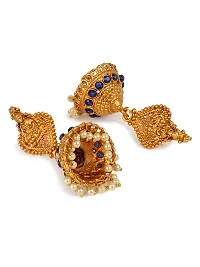 Antique Matte Gold Finish Goddess Laxmi Blue Stone Studded Temple Jewellery set-thumb3