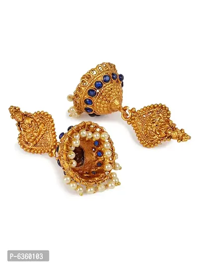 Antique Matte Gold Finish Goddess Laxmi Blue Stone Studded Temple Jewellery set-thumb4