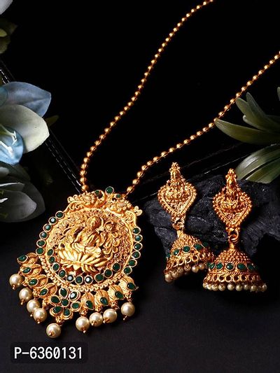 Antique Matte Gold Finish Goddess Laxmi Green Stone Studded Temple Jewellery set