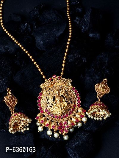 Antique Matte Gold Finish Goddess Laxmi Maroon Stone Studded Temple Jewellery set