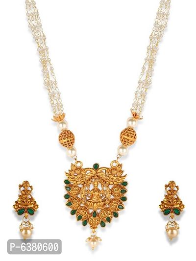 Gold Plated Maa Laxmi Stone Studded Necklace With Earrrings For Women And Girls-thumb2