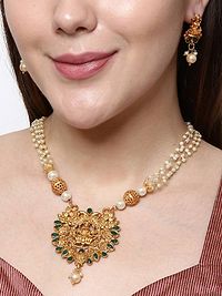 Gold Plated Maa Laxmi Stone Studded Necklace With Earrrings For Women And Girls-thumb3