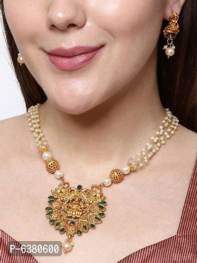 Gold Plated Maa Laxmi Stone Studded Necklace With Earrrings For Women And Girls-thumb4