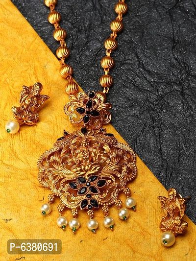 Gold Plated Maa Laxmi Stone Studded Necklace With Earrrings For Women And Girls