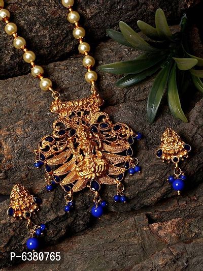 Antique Matte Gold Finish Blue Stone Studded Temple Jewellery set-thumb0