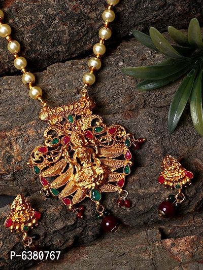 Antique Matte Gold Finish Green Maroon Stone Studded Temple Jewellery set