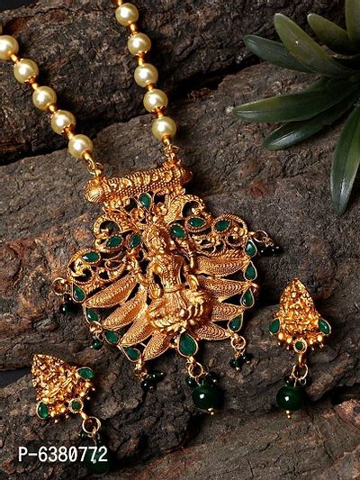 Antique Matte Gold Finish Green Stone Studded Temple Jewellery set