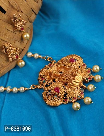 Antique Matte Gold Finish Maroon Stone Studded Temple Jewellery set