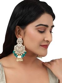 Majestic Ethnic Gold Plated Kundan Stone Studded Green beaded Chandbali Jhumka Earring for Gils and Women-thumb1