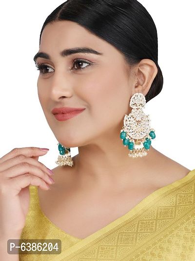 Majestic Ethnic Gold Plated Kundan Stone Studded Green beaded Chandbali Jhumka Earring for Gils and Women-thumb5