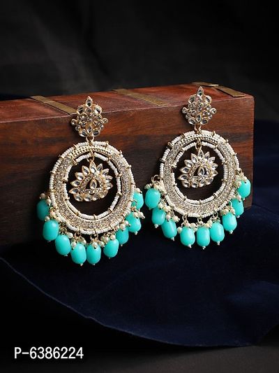 Majestic Ethnic Look Round Chandbali Aqua Blue Beaded Kundan Stone Studded Earring for Girls and Women-thumb0