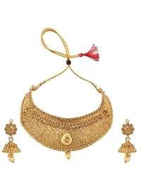 Traditional Handcrafted Hasli Style Gold Plated Stone Studded Choker with Earring and Maangtika-thumb1