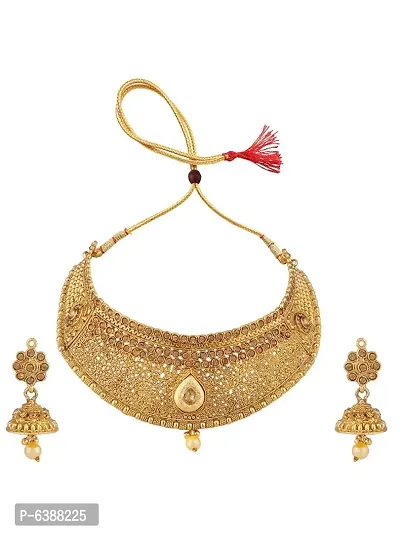 Traditional Handcrafted Hasli Style Gold Plated Stone Studded Choker with Earring and Maangtika-thumb2