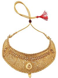 Traditional Handcrafted Hasli Style Gold Plated Stone Studded Choker with Earring and Maangtika-thumb3