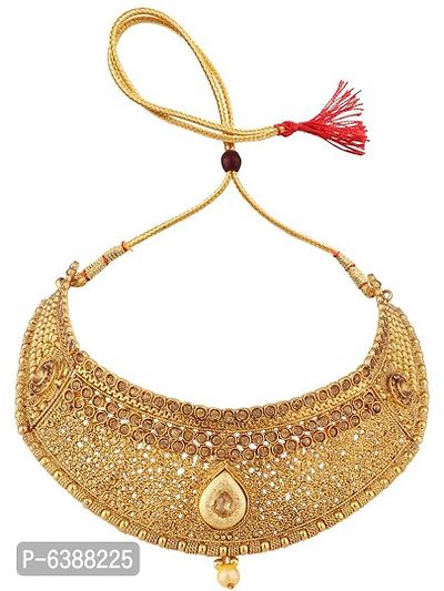 Traditional Handcrafted Hasli Style Gold Plated Stone Studded Choker with Earring and Maangtika-thumb4