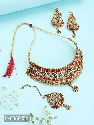 Traditional Handcrafted Maroon Designer Choker crystal Studded with Earring and Maangtika-thumb0