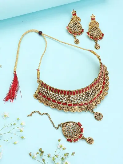 Traditional Handcrafted Designer Choker crystal Studded with Earring and Maangtika