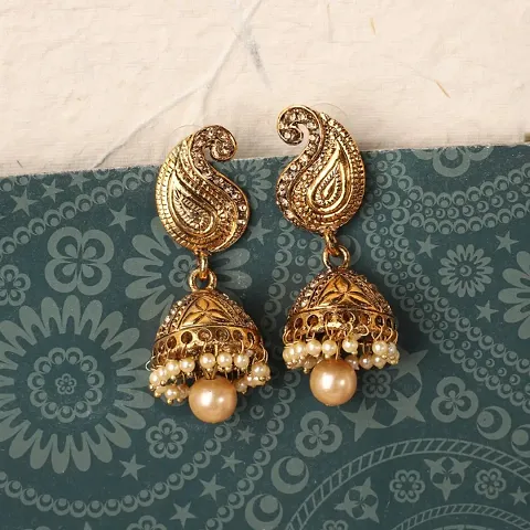 Plated Stylish Ethnic Style Carry Stone and Pearl Drop Jhumka Earring