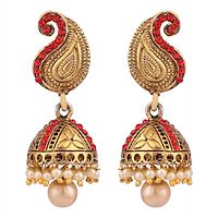 Gold Plated Stylish Ethnic Style Carry Red Stone and Pearl Drop Jhumka Earring-thumb1