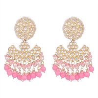 Pastal Pink Gold Plated Stylish Stone and Beaded Exclusive design Chandbali Earring-thumb1