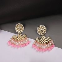 Pastal Pink Gold Plated Stylish Stone and Beaded Exclusive design Chandbali Earring-thumb2