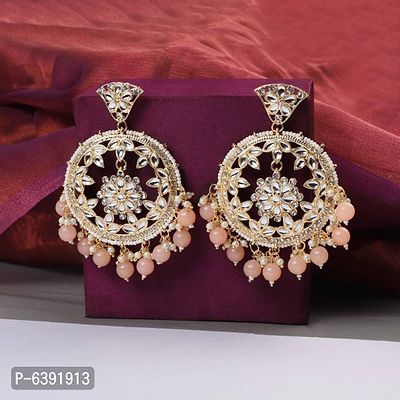 Peach Colour Gold Plated Stylish Stone and Beaded Exclusive design Chandbali Earring