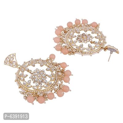 Peach Colour Gold Plated Stylish Stone and Beaded Exclusive design Chandbali Earring-thumb3