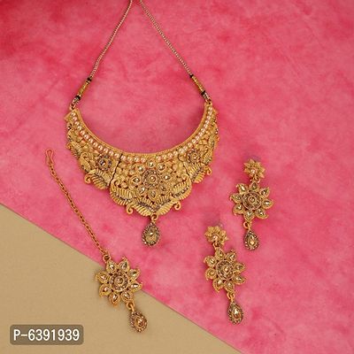 Traditional Hasli Style Gold Plated Choker Cutwork and Floral Design with Earring Maangtika-thumb0