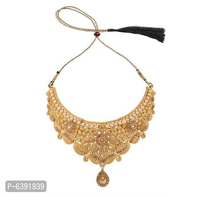 Traditional Hasli Style Gold Plated Choker Cutwork and Floral Design with Earring Maangtika-thumb3