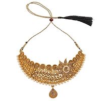 Traditional Hasli Style Gold Plated Choker Cutwork and Floral Design with Earring Maangtika-thumb3