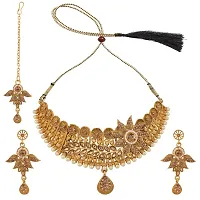 Traditional Hasli Style Gold Plated Choker Cutwork and Floral Design with Earring Maangtika-thumb4