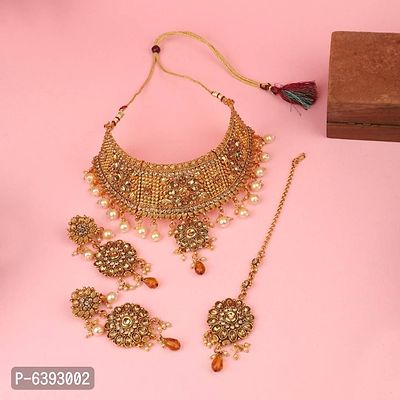 Traditional Hasli Style Gold Plated Choker Cutwork and Floral Design with Earring Maangtika