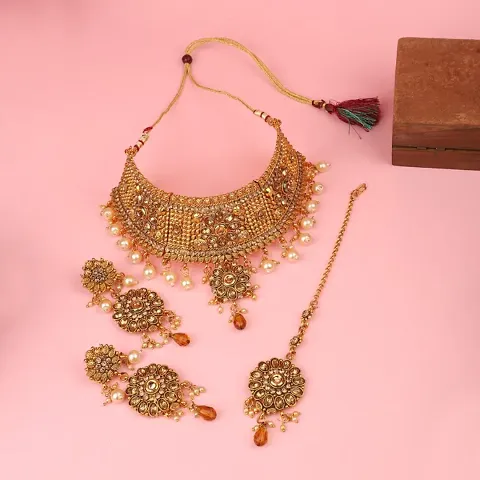 Traditional Hasli Style Plated Choker Cutwork and Floral Design with Earring Maangtika