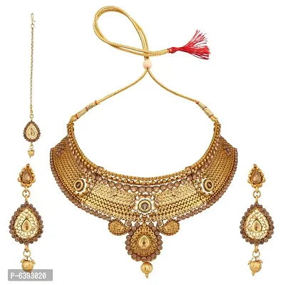 Traditional Hasli Style Gold Plated Choker Cutwork and Floral Design with Earring Maangtika-thumb5