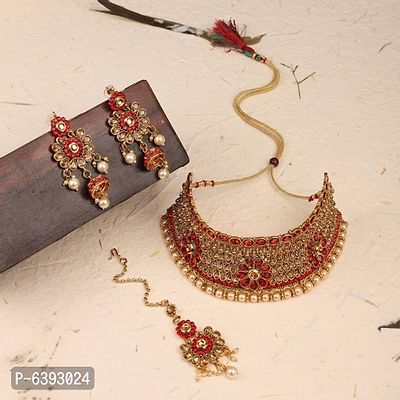 Traditional Hasli Style Gold Plated Choker Cutwork and Floral Design with Earring Maangtika