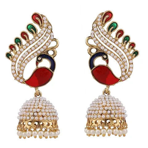 Pearl and Meenakari Work Motif Designer Jhumka Earring