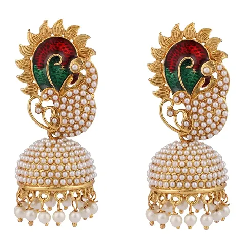 Pearl Studded Dancing Motif Meenakari Work Stylish Jhumka