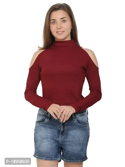 SAIOM Fashionable highnecktop for Ladies Regular fit Latest Plain Front Women Stylish Full Sleeve Casual High Neck Crop top for Womens/Girls Unique Womens/Girls Maroon Solder Sleeves Cut Crop Top