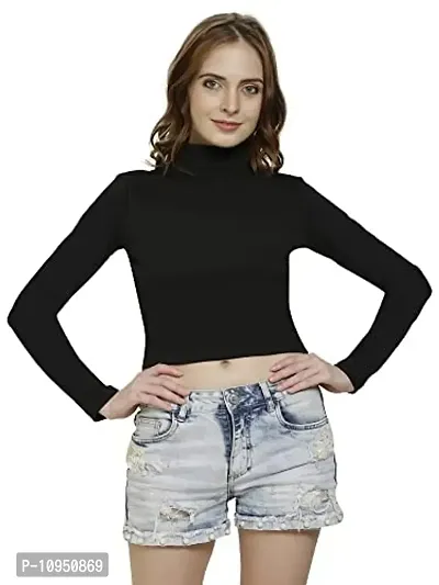 SAIOM Fashionable highnecktop for Ladies Regular fit Latest Plain Front Women Stylish Full Sleeve Casual High Neck Crop top for Womens/Girls Unique Womens/Girls Black Top
