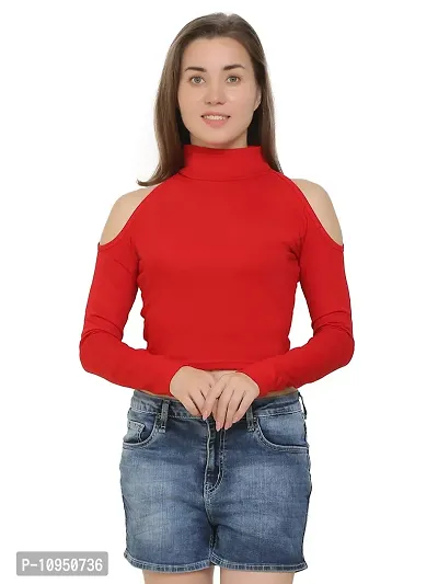 SAIOM Fashionable highnecktop for Ladies Regular fit Latest Plain Front Women Stylish Full Sleeve Casual High Neck Crop top for Womens/Girls Unique Womens/Girls Red Solder Sleeves Cut Crop Top