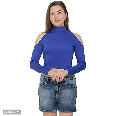 SAIOM Fashionable highnecktop for Ladies Regular fit Latest Plain Front Women Stylish Full Sleeve Casual High Neck Crop top for Womens/Girls Unique Womens/Girls Blue Solder Sleeves Cut Crop Top