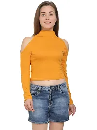 SAIOM Fashionable highnecktop for Ladies Regular fit Latest Plain Front Women Stylish Full Sleeve Casual High Neck Crop top for Womens/Girls Unique Womens/Girls Mustred Solder Sleeves Cut Crop Top-thumb2